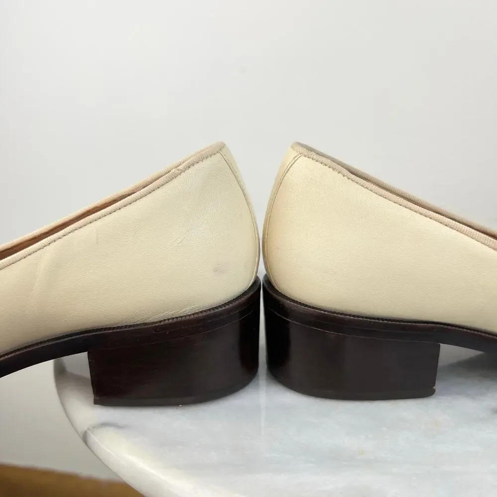 Tory Burch Eleanor Logo Block Heeled Shoes Ivory Leather Slip In Loafer (Sz 8.5)